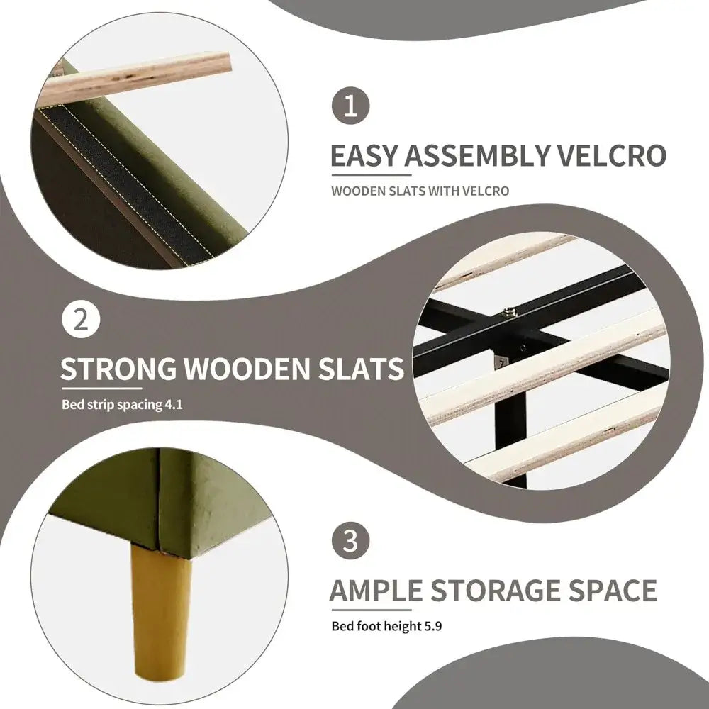 Modern Velvet Platform Double Wing Headboard Full Bed Frame - Green - Home