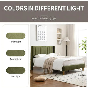 Modern Velvet Platform Double Wing Headboard Full Bed Frame - Green - Home