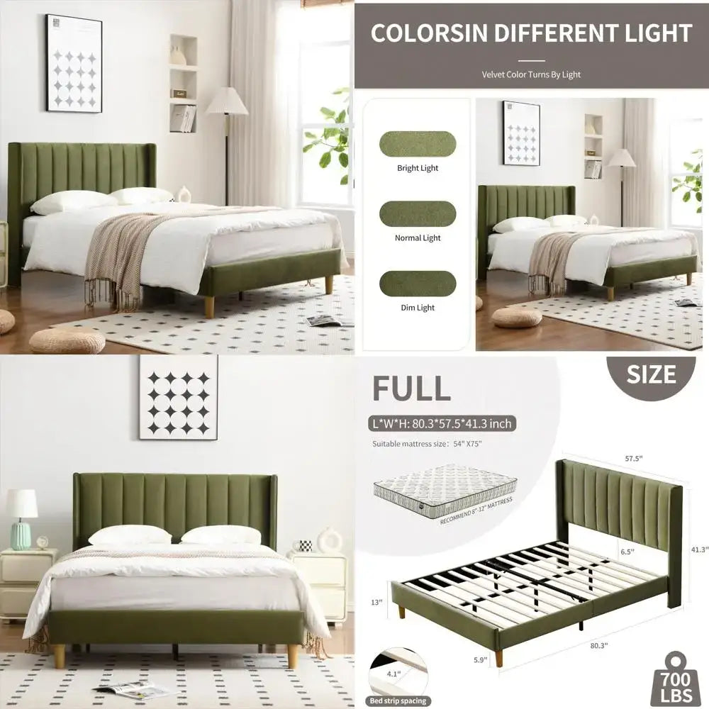 Modern Velvet Platform Double Wing Headboard Full Bed Frame - Green - Home