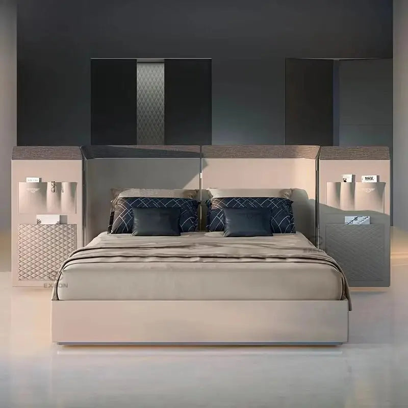 Modern Wood Double Bed High End Bed Frame - Beige / Bed Frame + Extra Nightside: 341 x 129 x 221 cm - Bedroom
