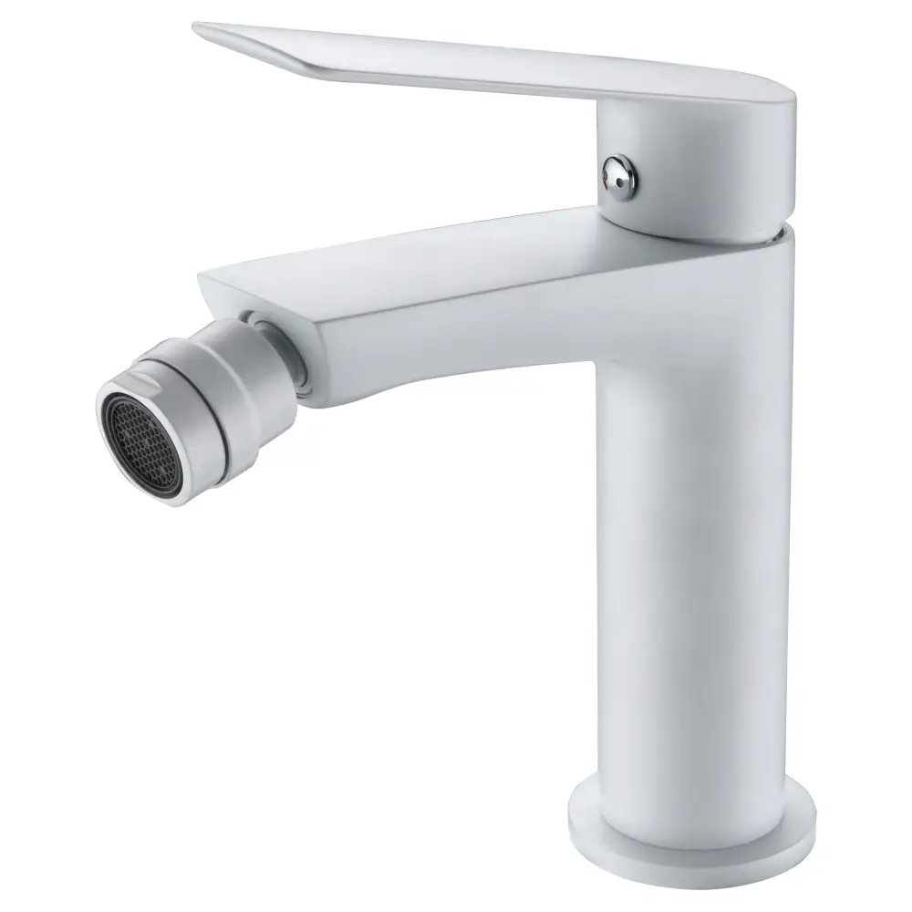 Matte white single handle bidet mixer faucet on neutral background