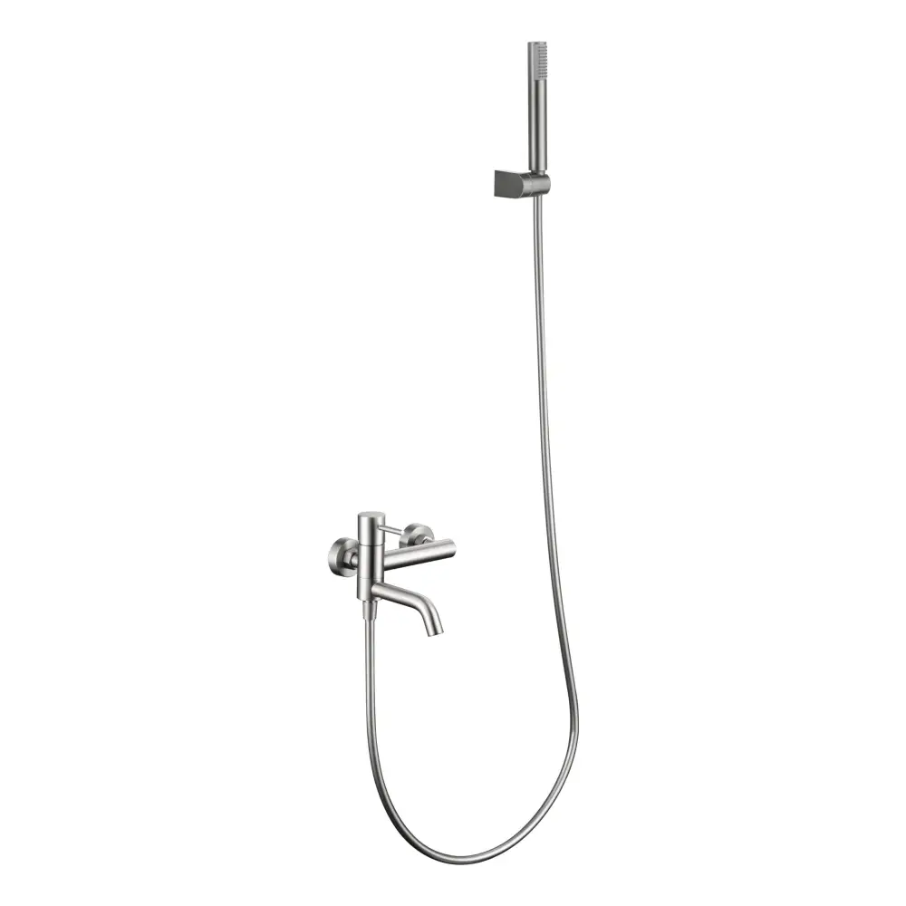 Monza brushed nickel shower mixer set with single handle control against white background