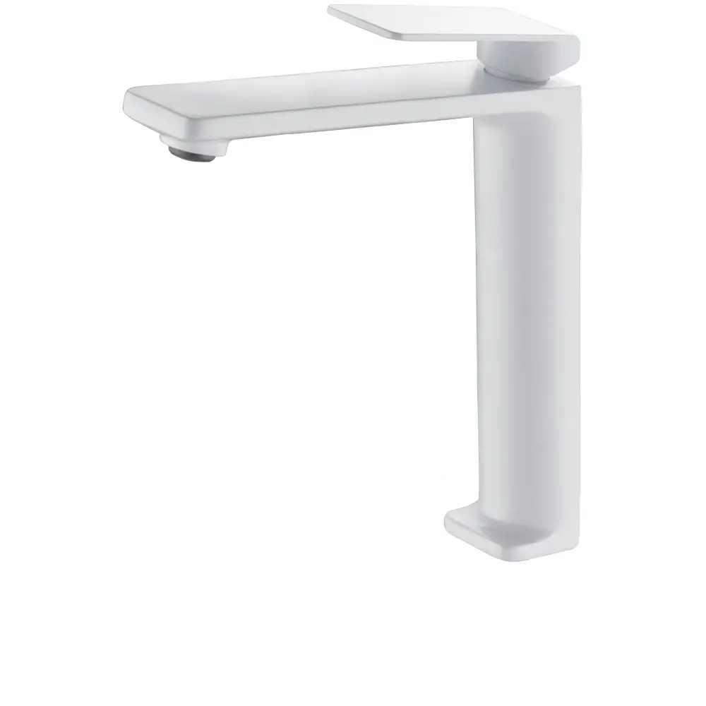 Tall matte white single lever basin faucet on neutral background