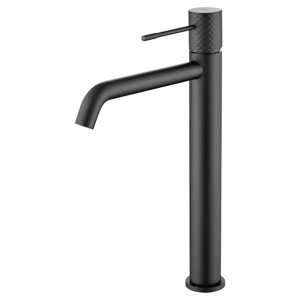 Matte black tall basin faucet with single handle lever design