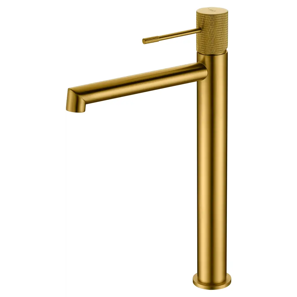 Tall brushed gold basin faucet with modern single lever design