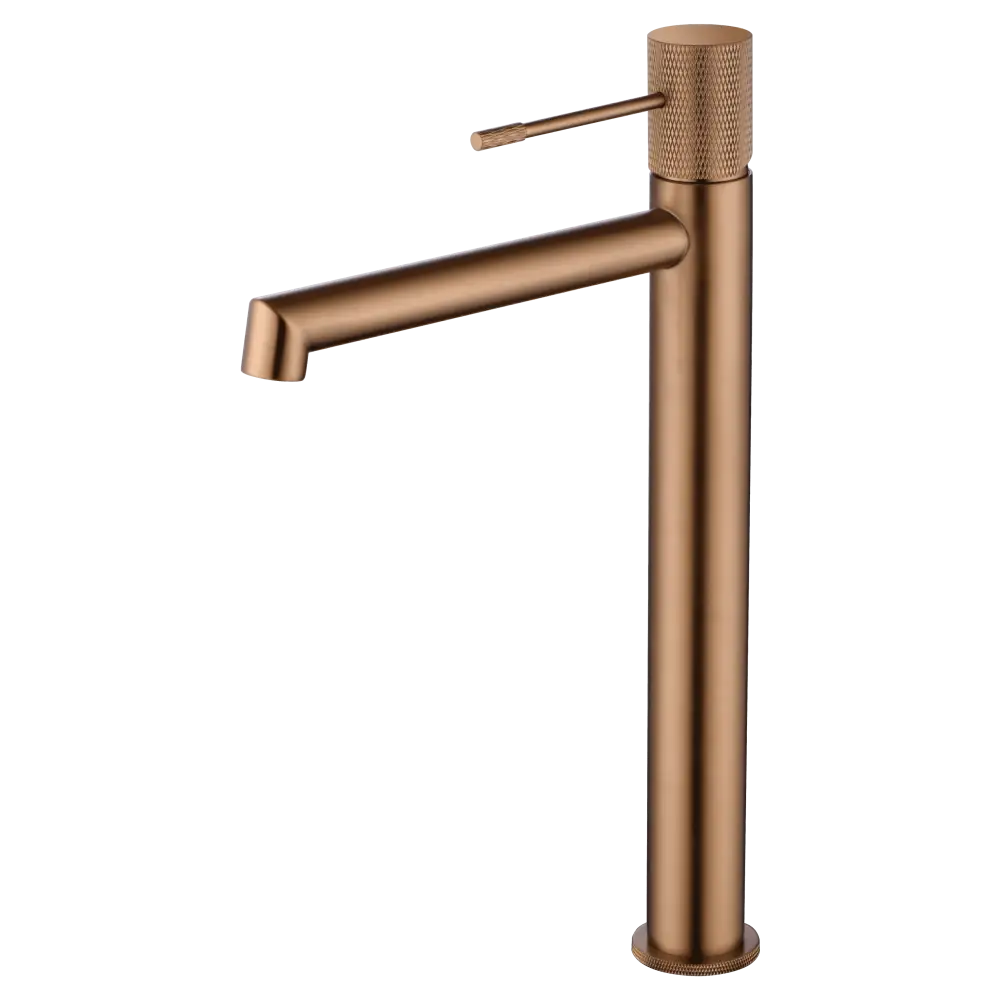 Brushed rose gold single lever basin mixer faucet on white background