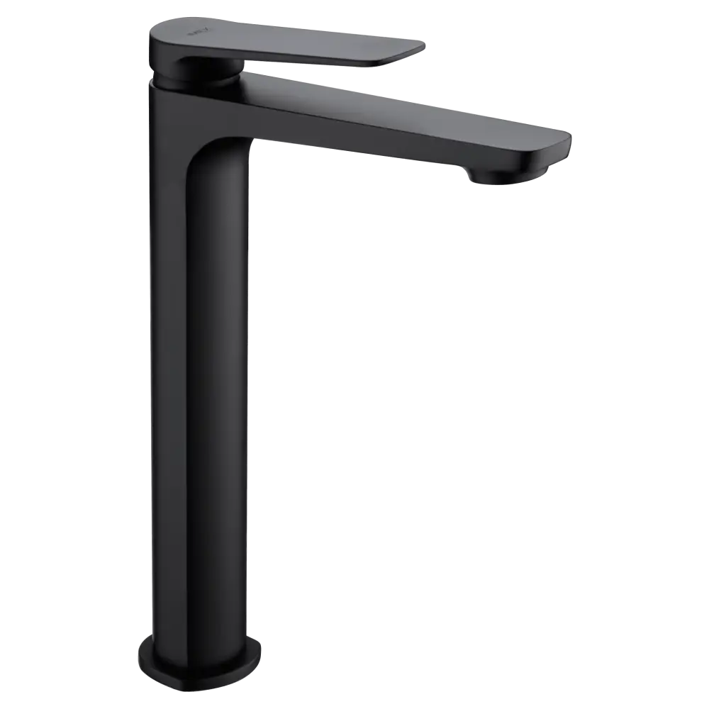Matte black tall single lever sink mixer faucet on white background