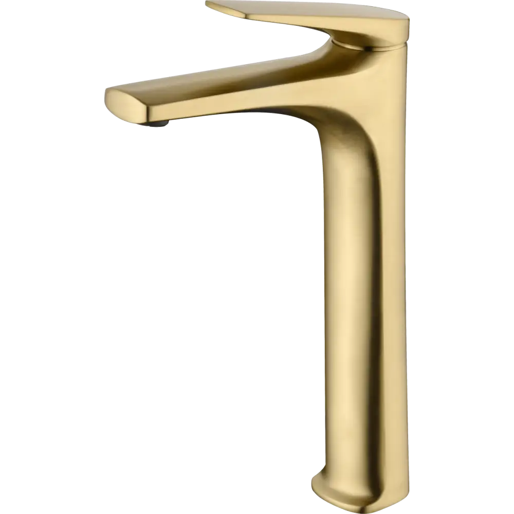 Delos brushed gold tall basin mixer faucet on white background