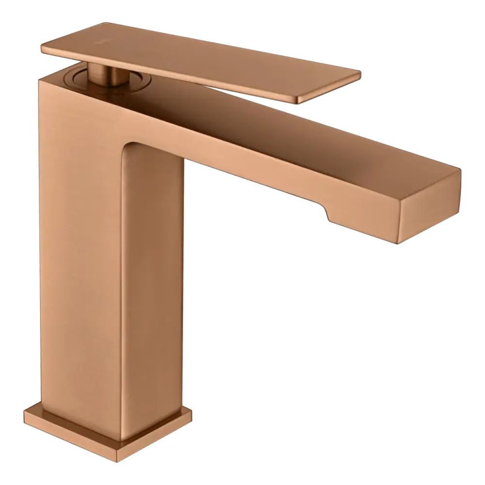 Brushed rose gold single lever basin faucet with modern minimalist design