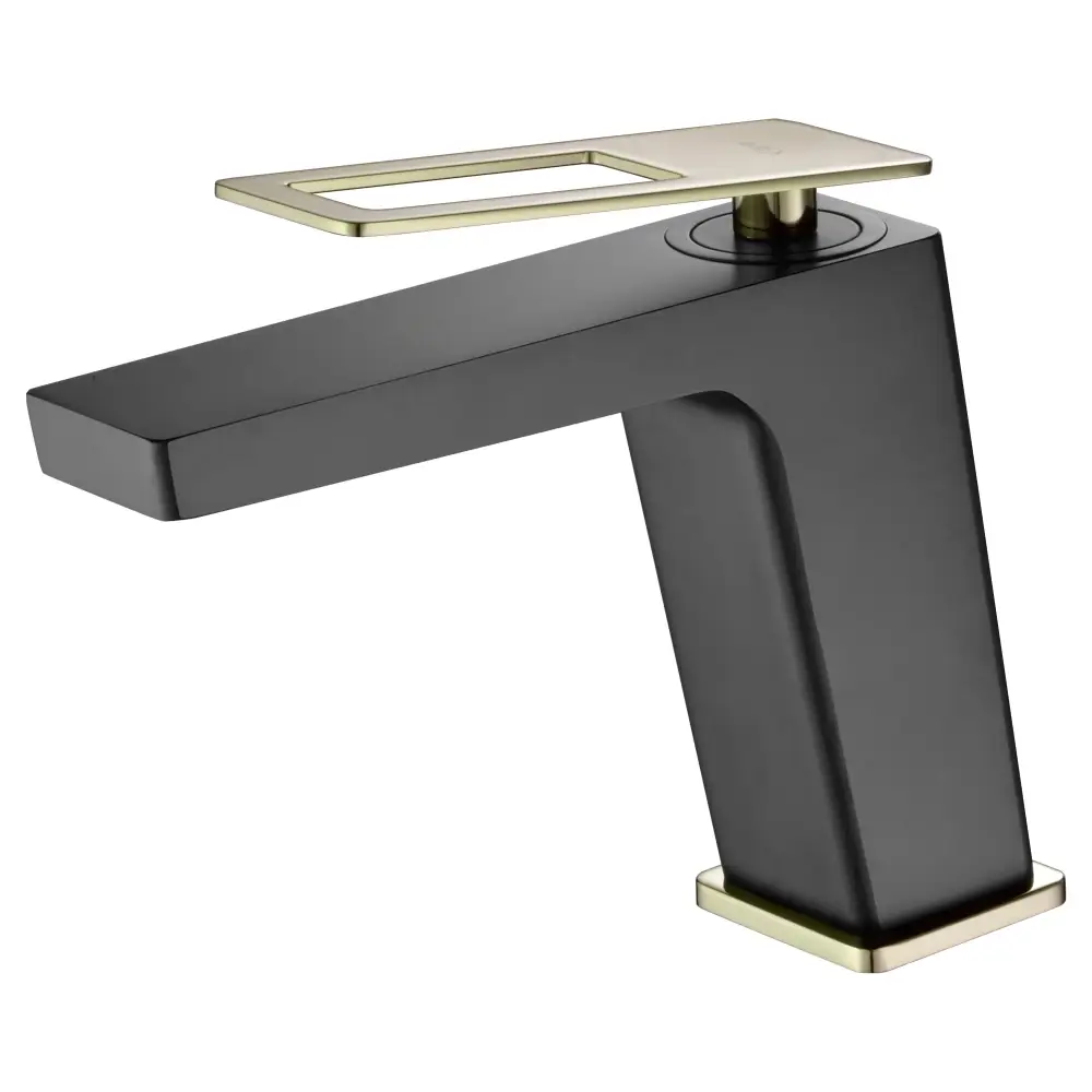 Black and gold modern single lever basin faucet on white background
