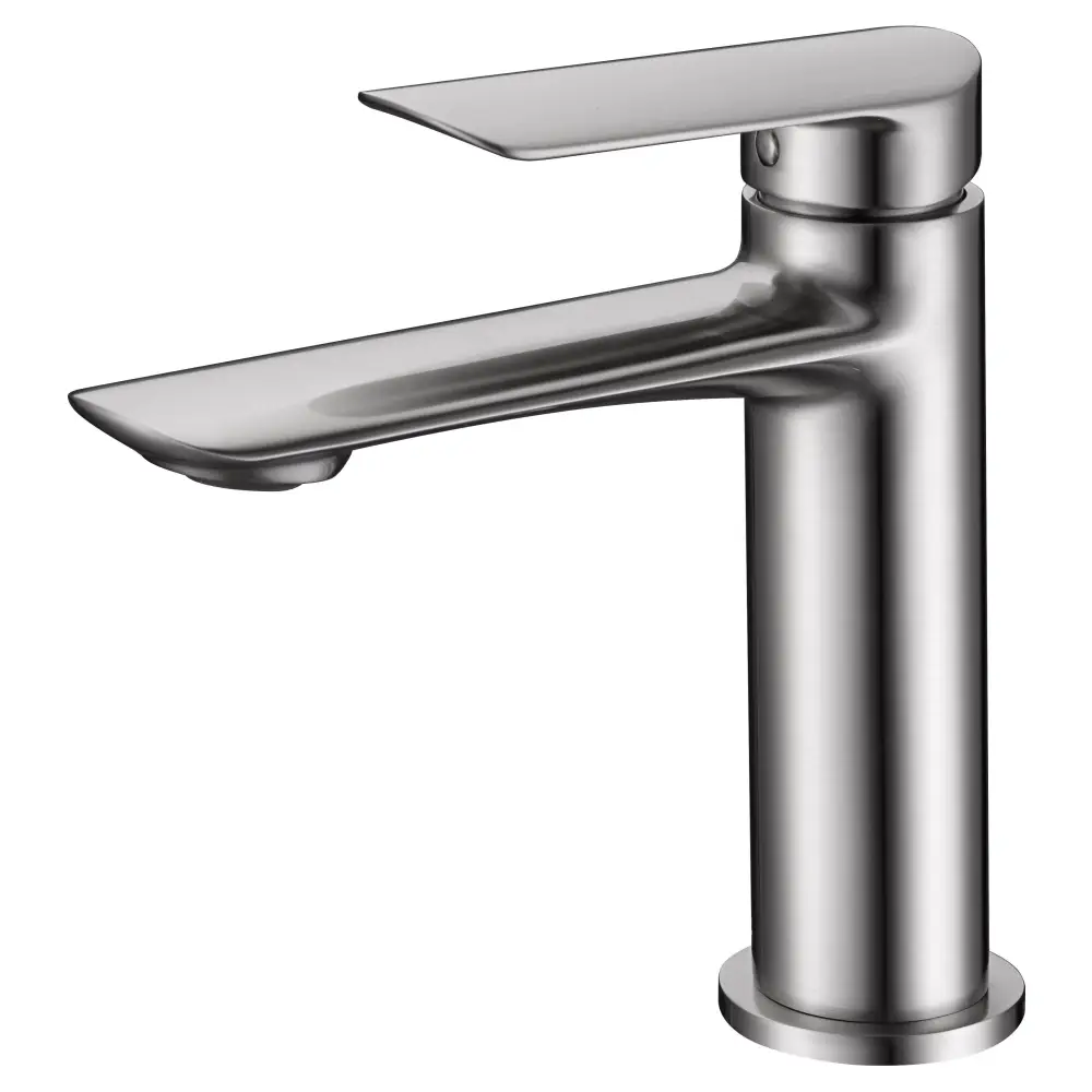 Brushed nickel single-handle basin mixer faucet with sleek modern design
