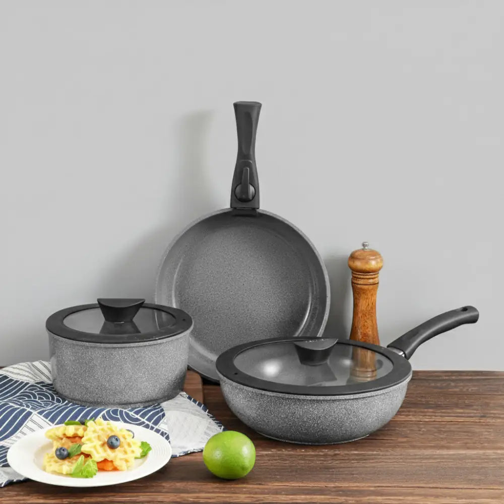 Multifunctional Non Stick Pan Pot Detachable Handle Set - Wok (24cm) + Frying Pan (24cm) + Soup/Milk Pot (18cm) + 2
