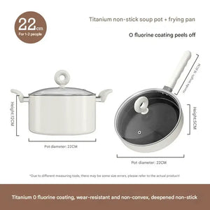 Two Piece Non Stick Frying Pan Soup Pot Set - White 22cm frying pan + 22cm soup pot + tempered lid - Cookware set