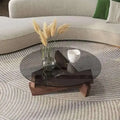 Nordic Minimalist Round Transparent Glass Wood Coffee Table - Brown - 60x60x30cm - Multifunctional coffee table
