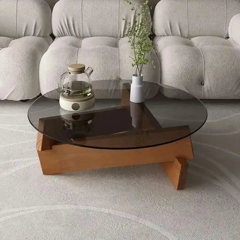 Nordic Minimalist Round Transparent Glass Wood Coffee Table - Multifunctional coffee table