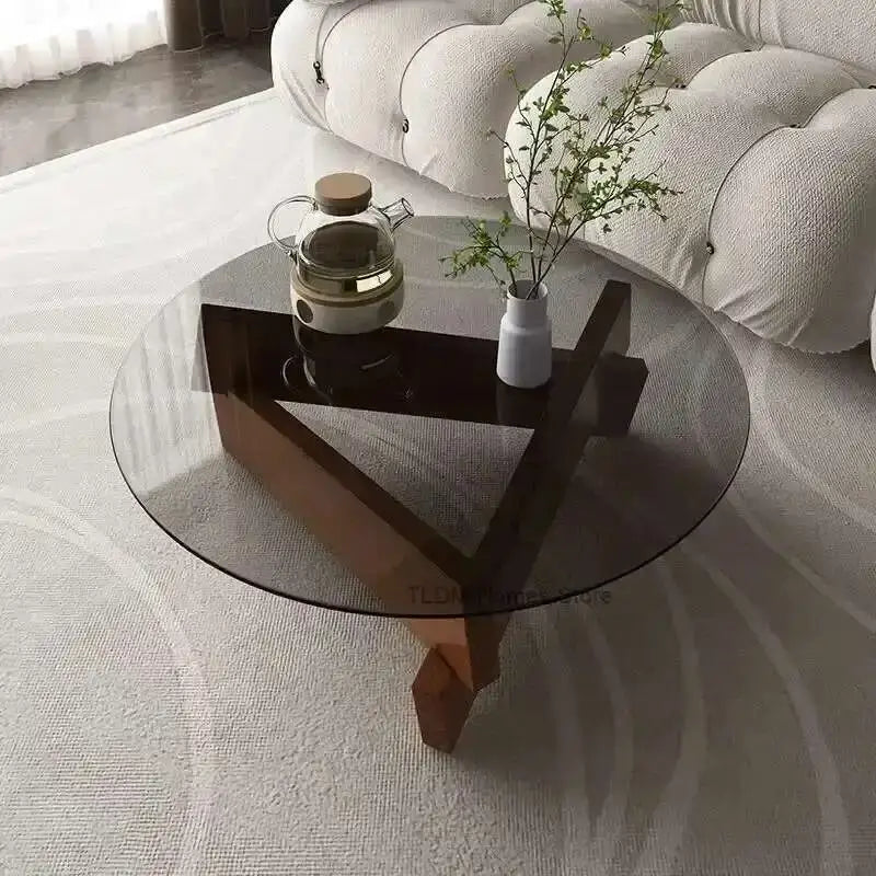 Nordic Minimalist Round Transparent Glass Wood Coffee Table - Multifunctional coffee table