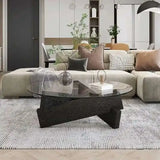 Nordic Minimalist Round Transparent Glass Wood Coffee Table - Black - 60x60x30cm - Multifunctional coffee table