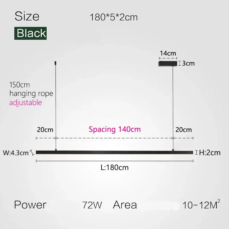 Nordic Modern Minimalist LED Pendant Lamp - Black - L 180cm / Warm White (3000K) - Pendant Lamp