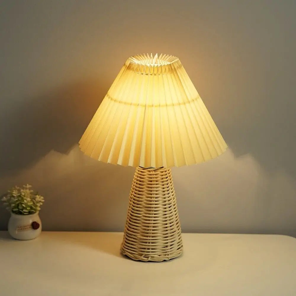 Pleated Rattan Dimmable Table Lamp - Cone Beige yellow / 3 Color Remote timing - Desk Lamp