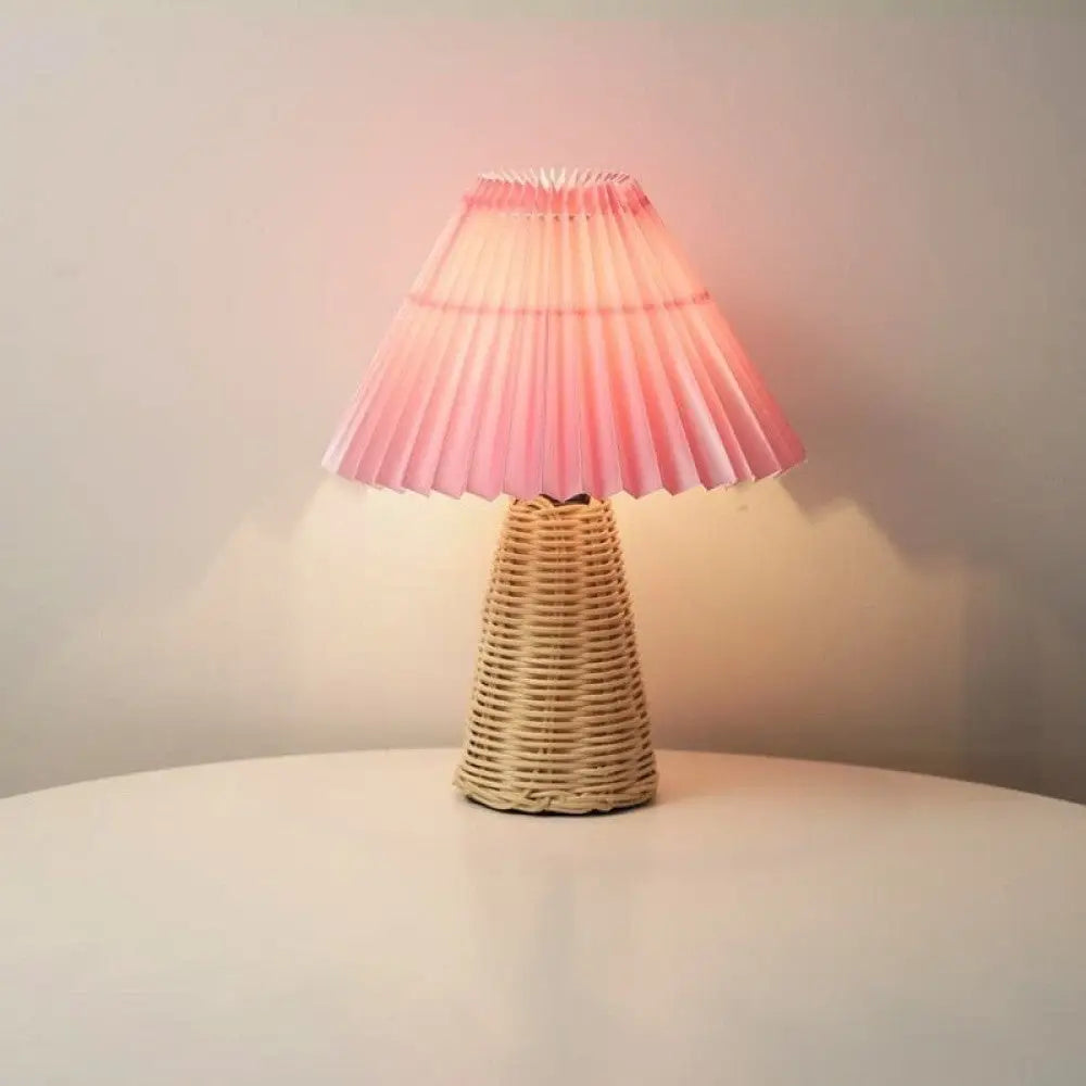 Pleated Rattan Dimmable Table Lamp - Cone Pink / 3 Color Remote timing - Desk Lamp