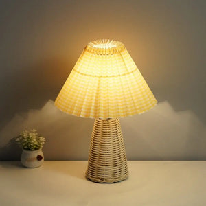 Pleated Rattan Dimmable Table Lamp - Cone Plaid / 3 Color Remote timing - Desk Lamp