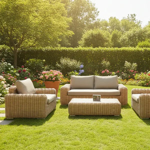 Outdoor wicker rattan sofa set with natural woven texture for patio garden seating