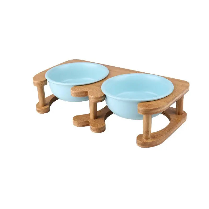 Pet Feeding Bowl With Wood Stand - Blue Double Bowls / 600ml - Feeding Bowl