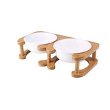 Pet Feeding Bowl With Wood Stand - White Double Bowls / 600ml - Feeding Bowl