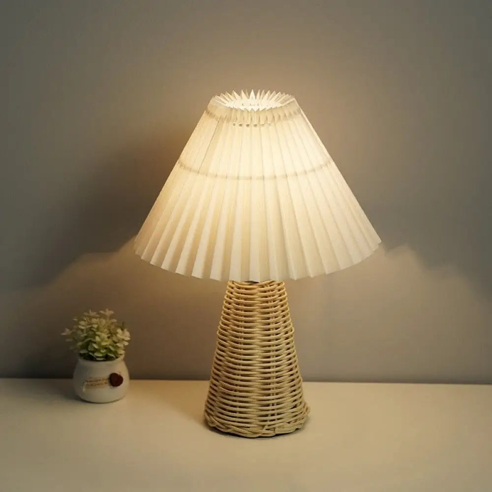 Pleated Rattan Dimmable Table Lamp - Cone White / 3 Color Remote timing - Desk Lamp