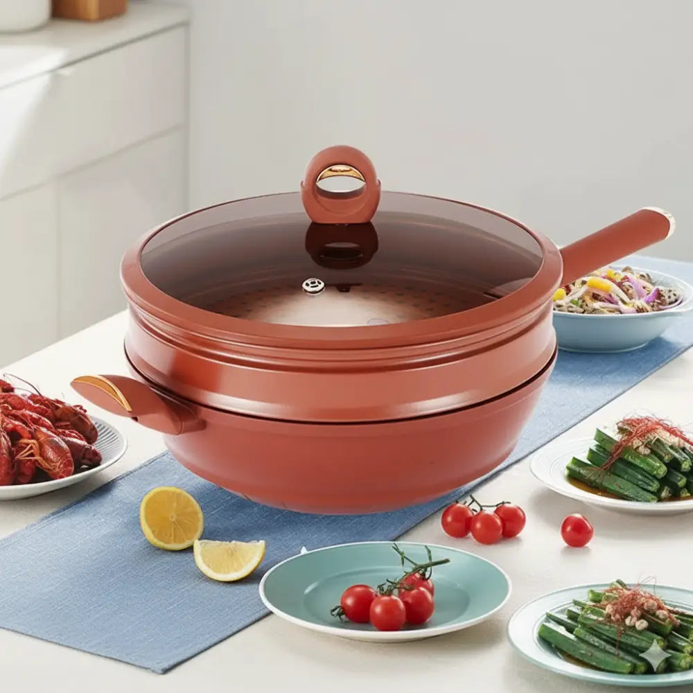 Titanium Alloy Non Stick Lid Steamer Wok - Brown / 32cm - Cookware set
