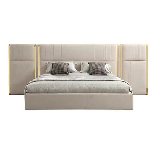 PU Leather King Large Headboard Side Table Bed Frame - Beige - Bedroom