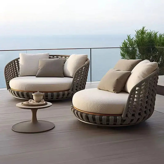 Rattan Round Modern Outdoor Sofa Set - Beige - Sofa