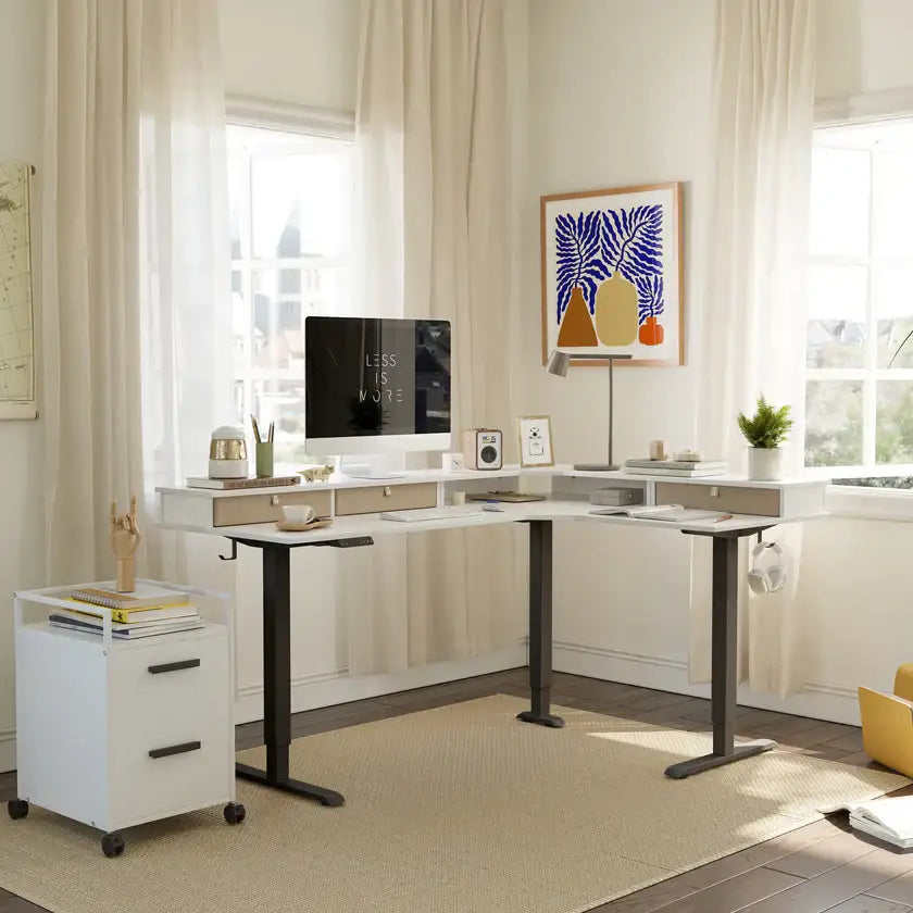 Reversible L-shaped with Upper Drawer - 63’’ x 55’’ / White - Desk > Standing Desk > L Shaped Standing Desk