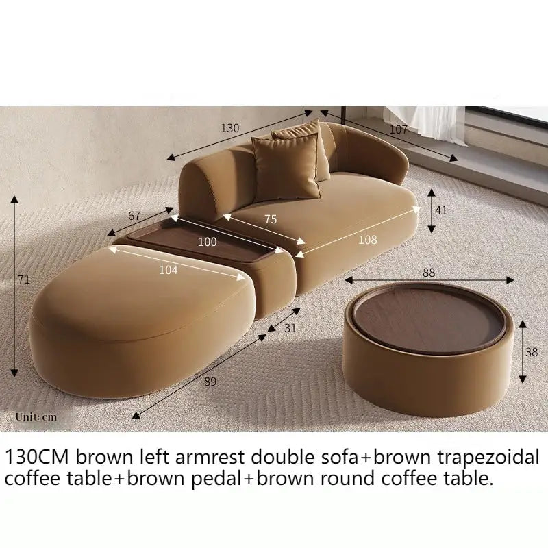 Sectional Minimalist Curved Modular Table Sofa Set - Brown - 130 cm - Left arm Set - Coffee Table - Compressed Sofa