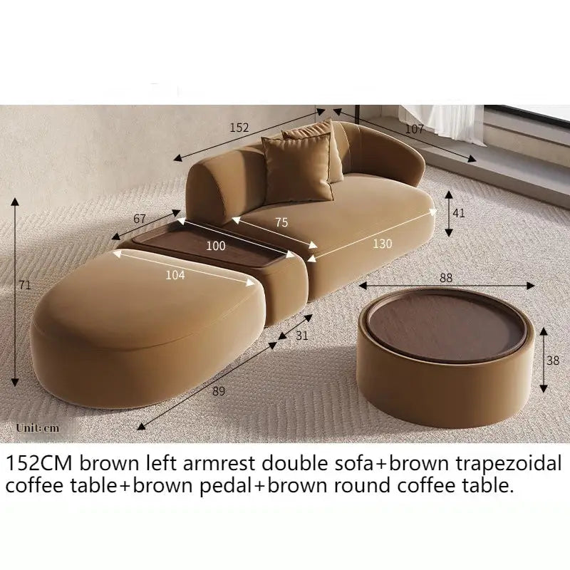 Sectional Minimalist Curved Modular Table Sofa Set - Brown - 152 cm - Left arm Set - Coffee Table - Compressed Sofa