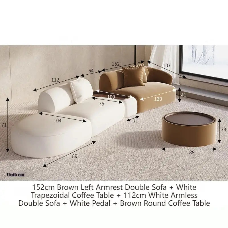 Sectional Minimalist Curved Modular Table Sofa Set - Brown White - 152 cm - Left arm Set - Compressed Sofa