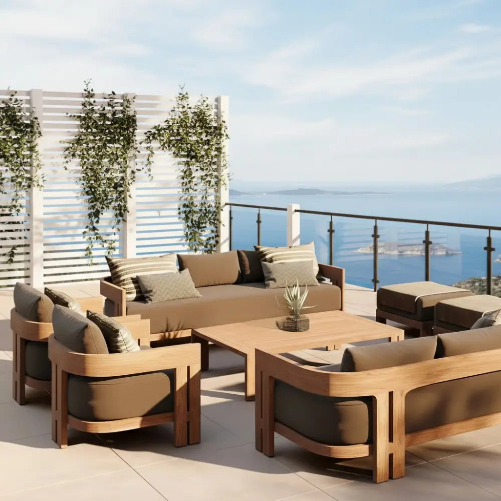 Solid teak deep seating outdoor sofa set with durable wood construction for spacious gardens