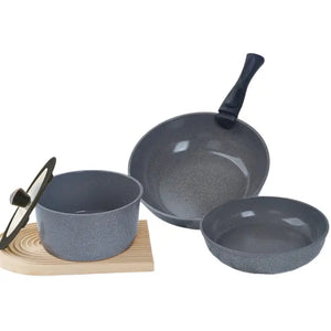 Ceramic non-stick cookware set with black silicone lids and detachable handles