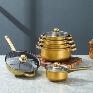 12 Piece Stainless Steel Glass Lid Non Stick Cookware Set - 12 pcs - Gold Silver - Cookware set