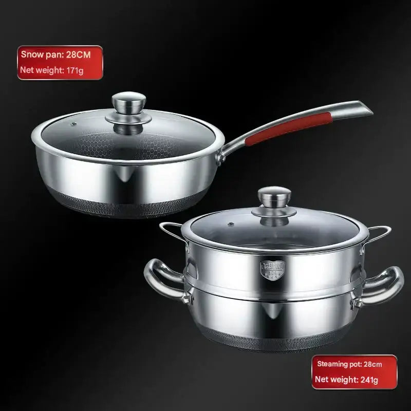 Stainless Steel Non Stick Frying Pan Cookware Pot Set - Snow pan + soup steamer two-piece set - Cookware set