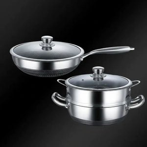 Stainless Steel Non Stick Frying Pan Cookware Pot Set - Wok + soup steamer two-piece set - Cookware set