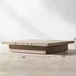 Teak outdoor sofa set detail showing waterproof cushion fabric and natural wood grain texture