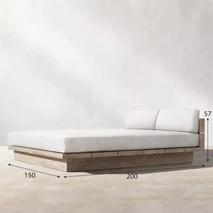 Teak outdoor sofa set showcasing waterproof cushion detail and natural wood grain texture.