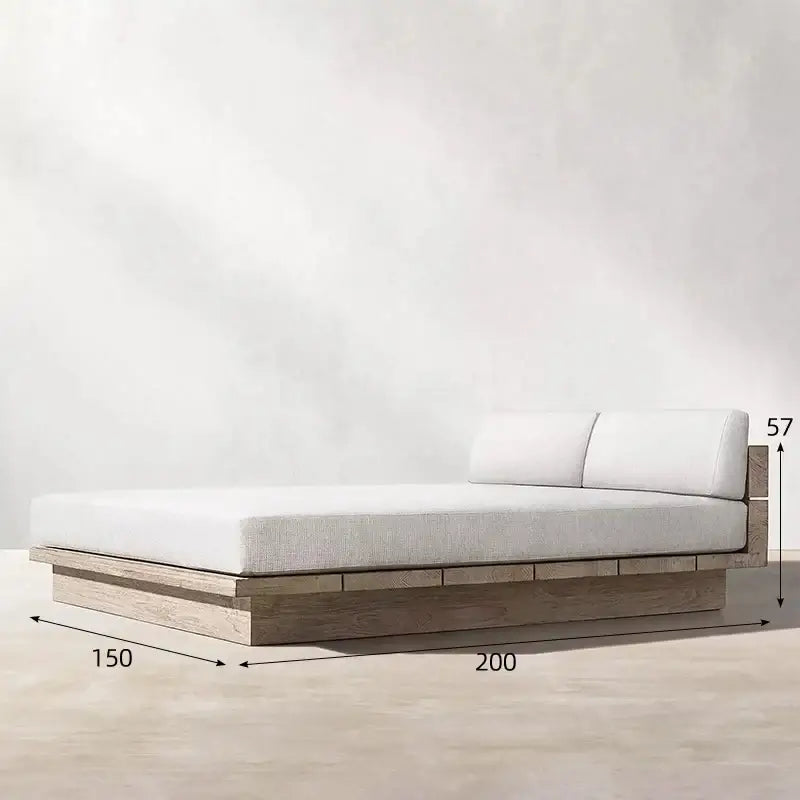 Teak outdoor sofa set showcasing waterproof cushion detail and natural wood grain texture.