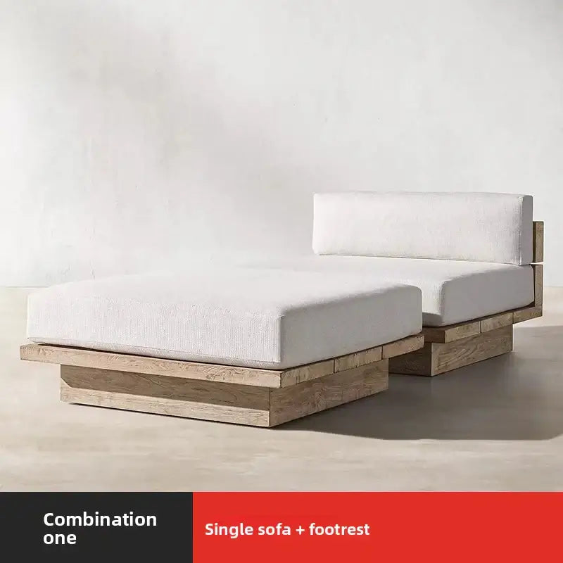 Teak outdoor sofa set showcasing waterproof cushion details and natural wood grain finish