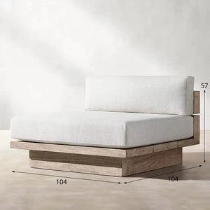 Teak outdoor sofa set showing close up detail of waterproof cushion fabric and natural wood grain texture