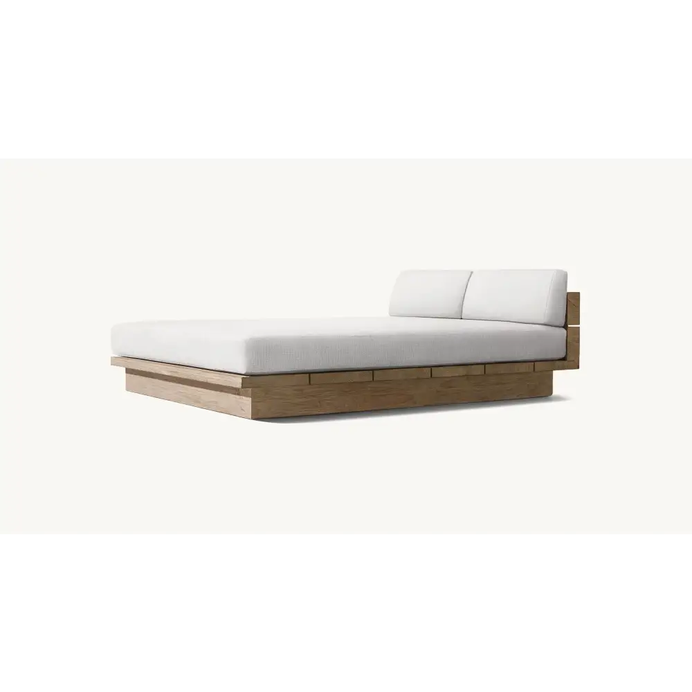 Teak outdoor sofa set showing waterproof cushion fabric texture and natural wood grain detail
