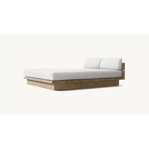 Teak outdoor sofa set showing waterproof cushion fabric texture and natural wood grain detail