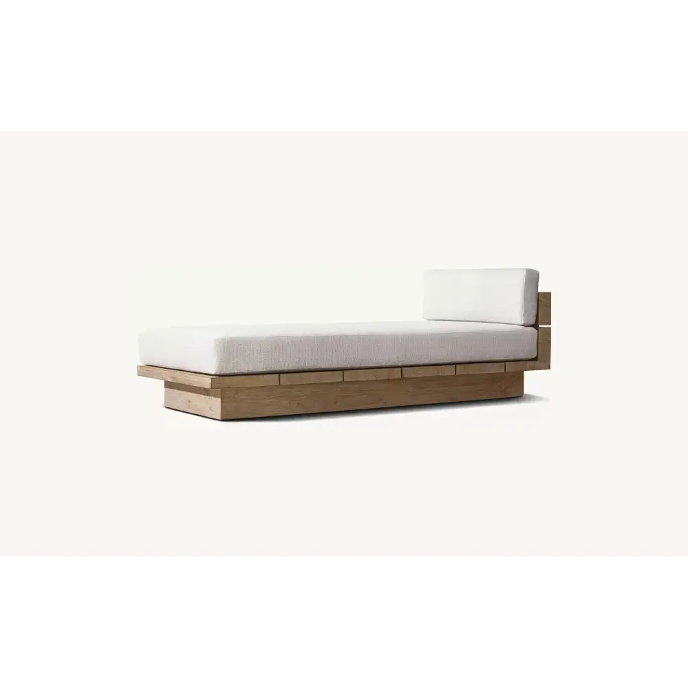Teak outdoor sofa set showing waterproof cushion material and natural wood grain detail