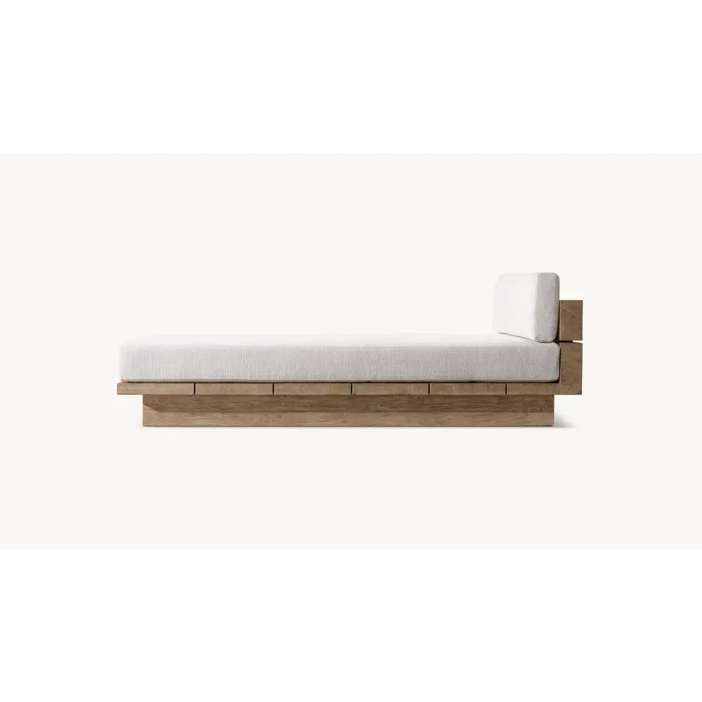 Teak outdoor sofa set showing waterproof cushion material and natural wood grain texture detail